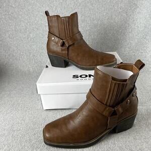 Sonoma Western Ankle Boots Womens Size 9 Block Heel Brown Faux Leather New*